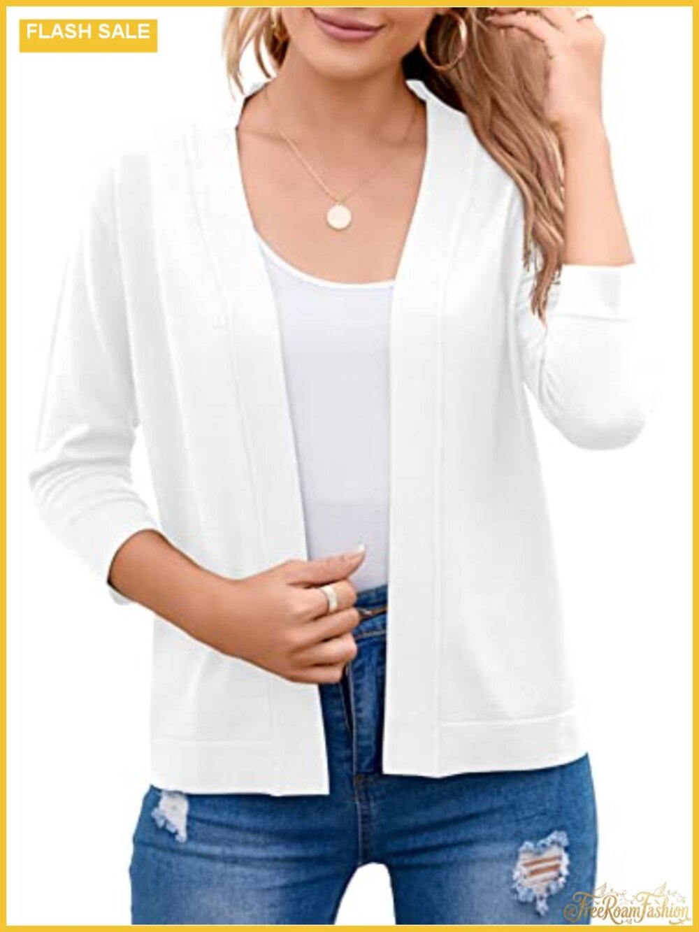 Women's 3/4 Sleeve Open Front Cropped Cardigan Shrug Sweater Lightweight